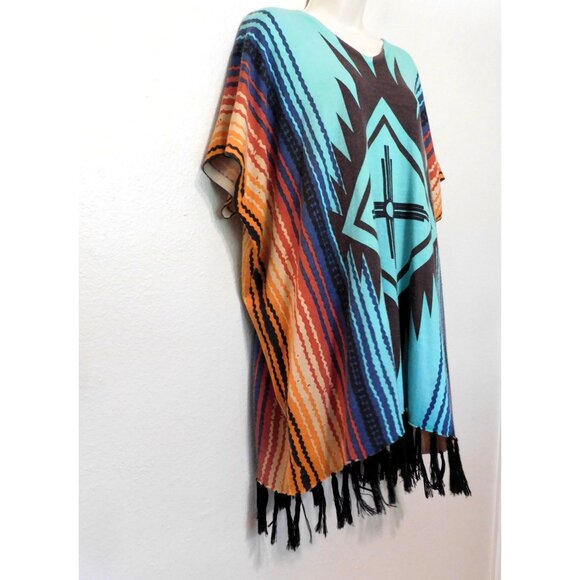 Crazy Train Poncho Womens Regular Colorful Knit Fringe Southwestern Sweater - Picture 5 of 8